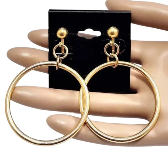 2 3/8 Inch 60mm Hoop Clip On Earrings Gold Tone - Picture 1 of 8